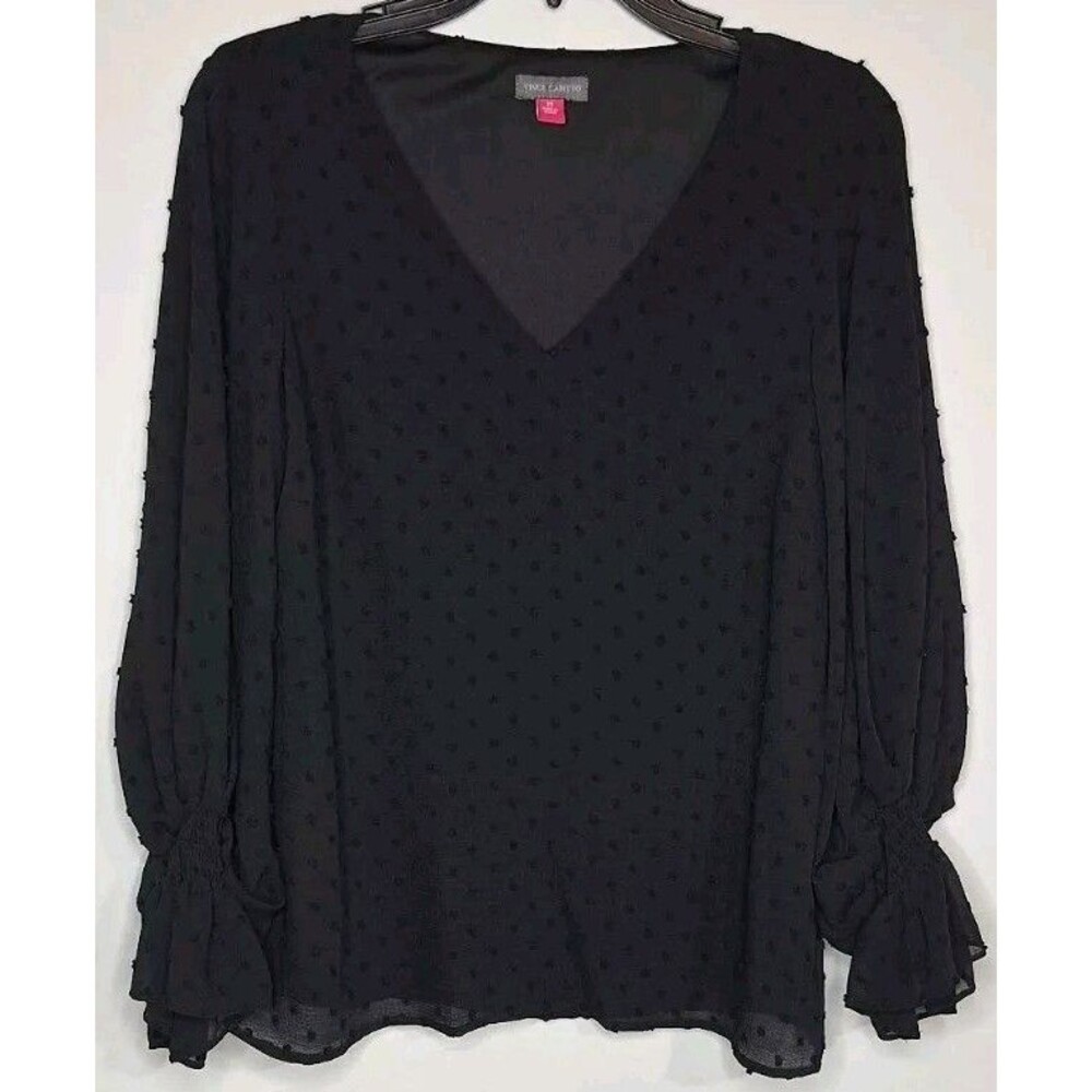 Vince Camuto Women's M Black Sheer V-Neck Long Sleeve Blouse Flutter Cuff NWT